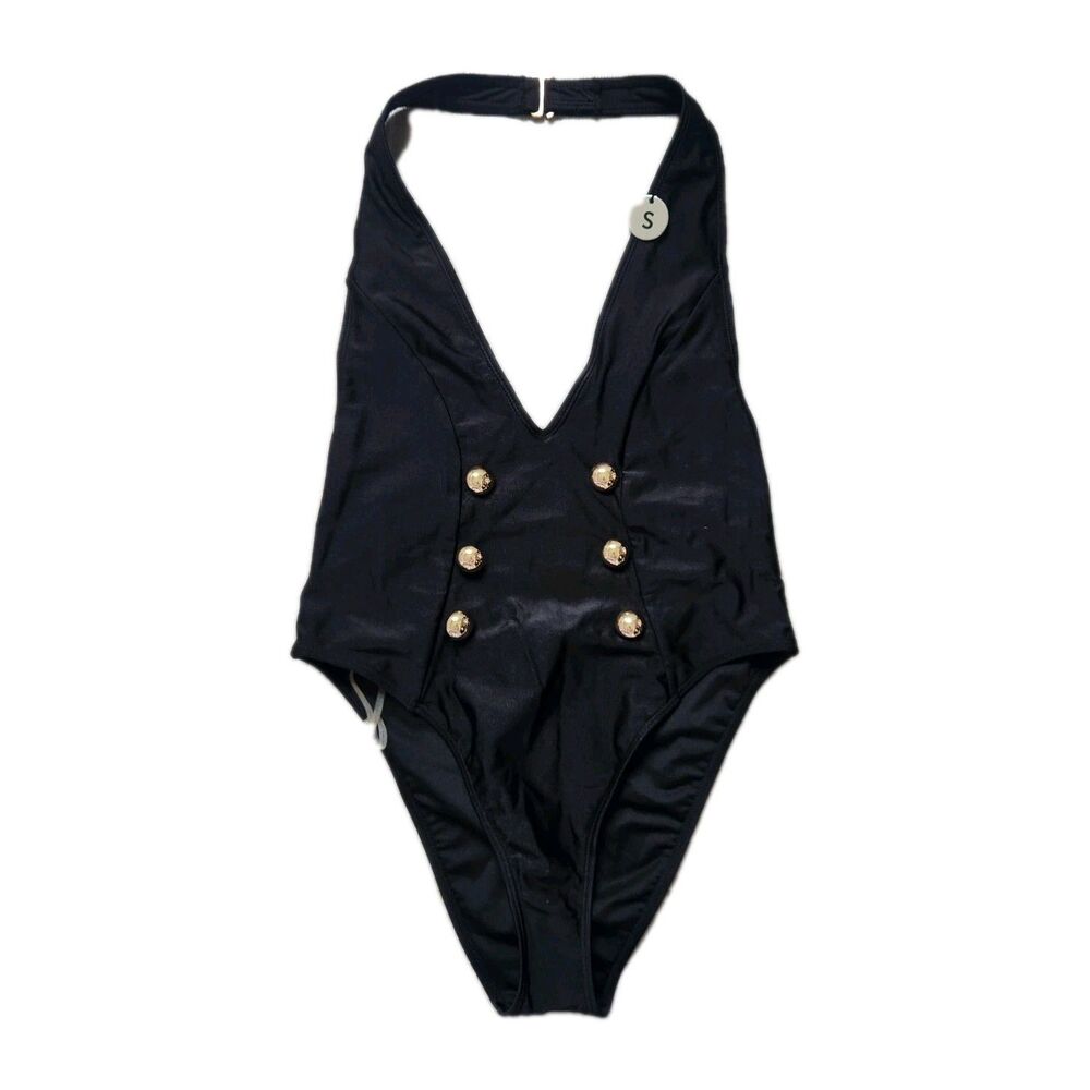 NWT Forever 21 Black One Piece Swimsuit Halter Plunge Gold Button Detail Sz S